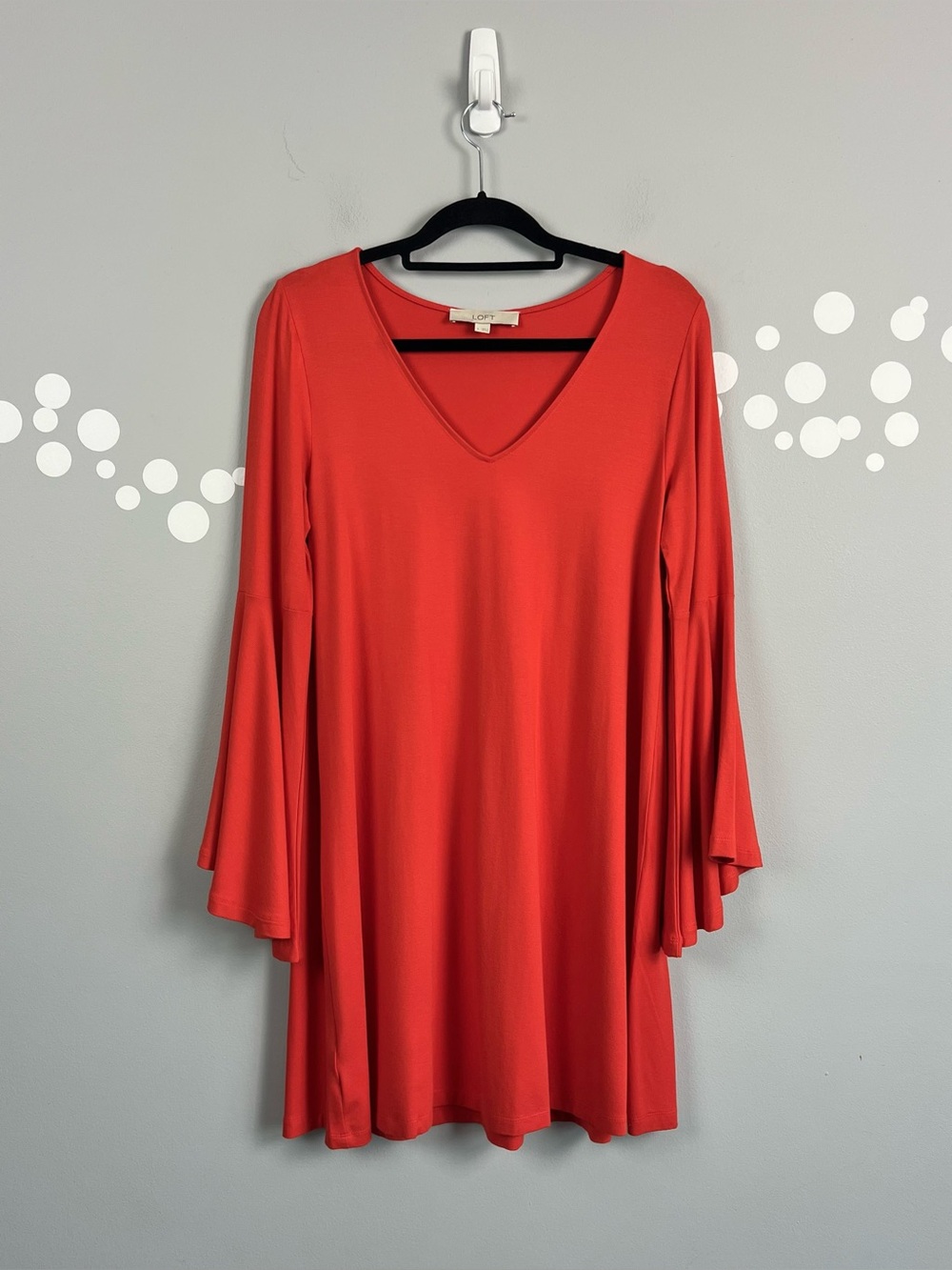LOFT Red Orange Bell Sleeve Swing Dress V Neck Shift Mini Size S
